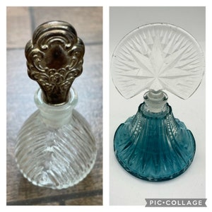 Belle bouteille de parfum antique en cristal, couvercle argenté/bouteille de cobalt bleu de parfum en cristal Art déco avec un ventilateur et un design supérieur en étoile,