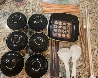 Vintage mix and match Asian 25 pieces serving set, melamine Asian red and black set, serving for 6 set