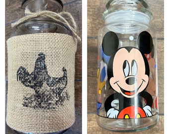 Vintage blowed glass vase with burlap and a hen and rooster decor/Disney Canister glass container with sealed lid Mickey, Minnie and Donald