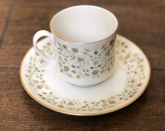 Royal Doulton cup and saucer plate, made in Germany, cup and plate china set. Beautiful design Ivory/green leaves with golden edge 3” tall