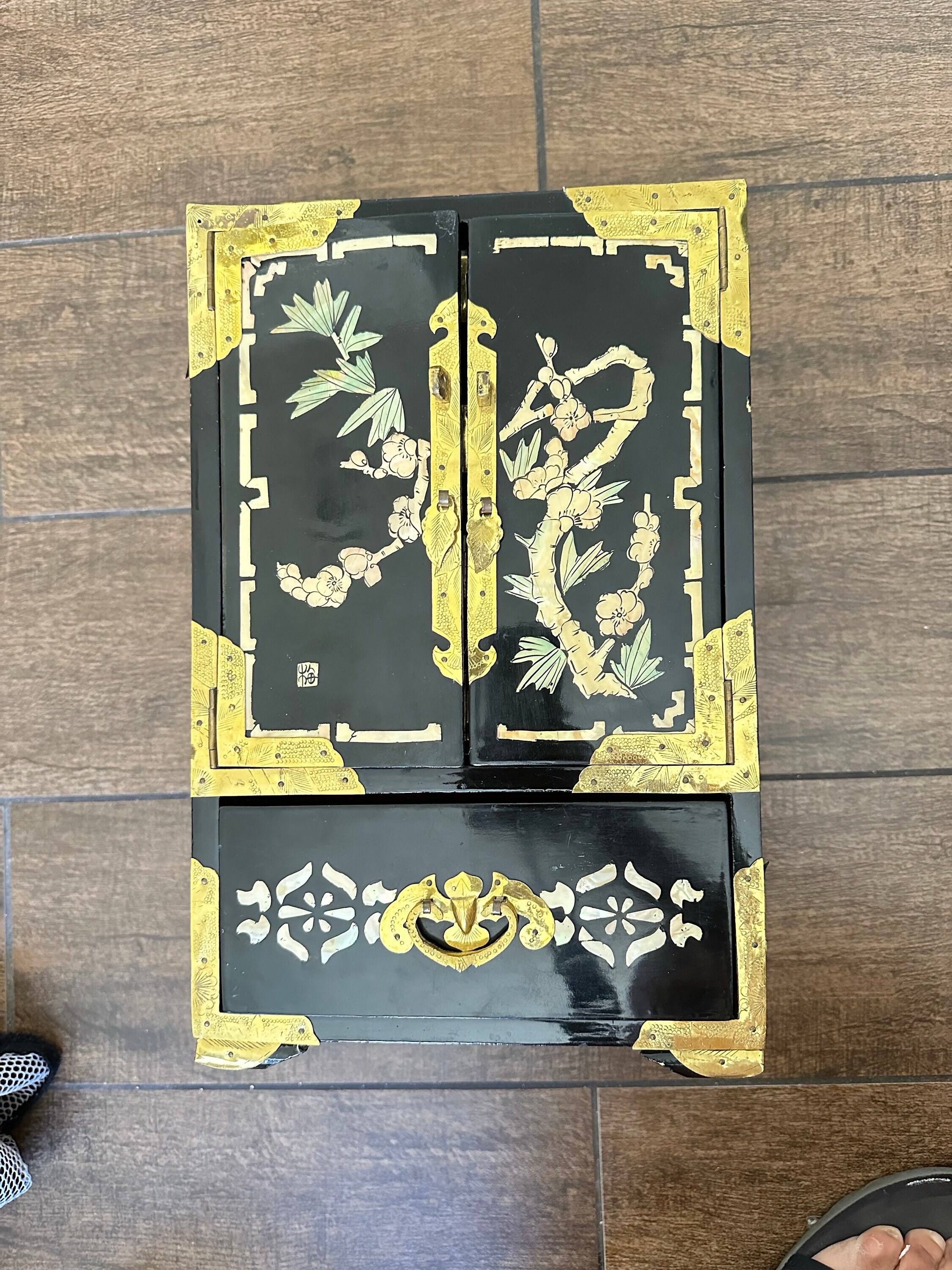 Vintage Chinese Wooden Jewellery Box in Black Lacquer Inlay Drawer Brass Brass Carved Accents 12.75x8x5.75 Etsy Canada