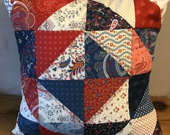 Patchwork Cushion: Red & Blue Floral Paisley, 16" Square
