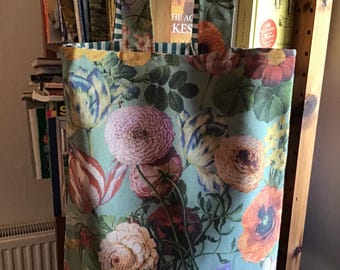 Vintage Green Floral  Lined Tote Bag  app 16” x 12” .