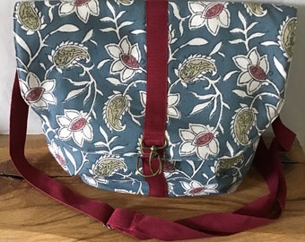 Handmade Floral Print in Blue ,Gold ,Burgundy  Fabric Crossbodybag 13” x10” app