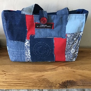 Unique Upcycled Denim ,Fabric Patchwork ,Shashiko Bag 13” x 10” app