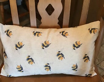 Bee Print Lumbar Cushion: Beige Cotton Back, Washable