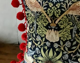 William Morris Strawberry Thief Lumbar Cushion with Red Bobble Trim  app 12” x 18” .