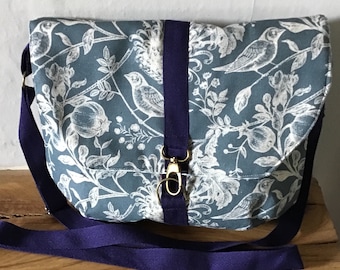Handmade Blue  Rustic Bird Print   Fabric Crossbodybag 13” x10” app