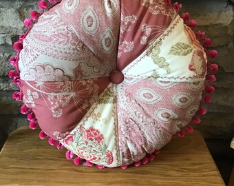 Vintage Patchwork Cushion: Pink Floral Fabric with Bobble Trim