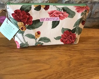 Borsa grande per trucco e articoli da toeletta con fodera in tessuto vintage a forma di rosa di Natale