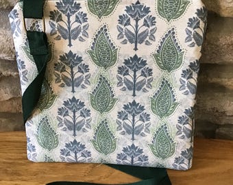 Sage Green and Wedgewood Blue Patterned  Crossbodybag with Adjustable Strap 10”x 10”app