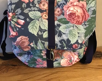 Handmade Vintage Fabric Tape Detail Crossbody Bag app 12” x 11”