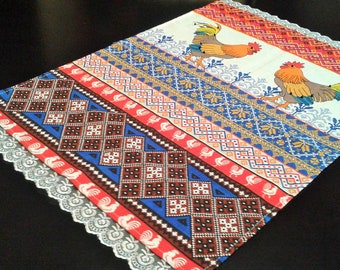 NEW French Country ROOSTER Tapestry TABLE RUNNER 13/" X 72/" Blue Gold Red FARM