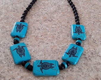 Black and blue sterling silver turtle necklace