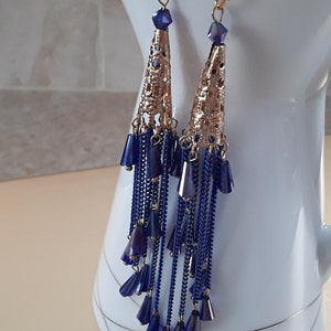 Long gold and blue beaded tassel earrings