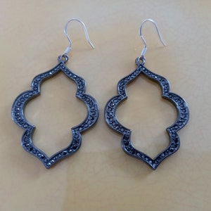 Two tone black and silver rhinestones long drop earrings