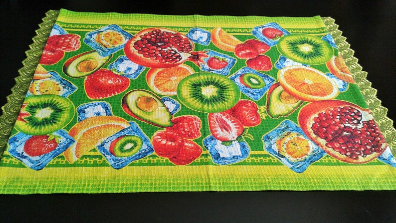 Fruit cotton table runner with green lace