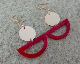 Gold and red color modern geometric drop earrings