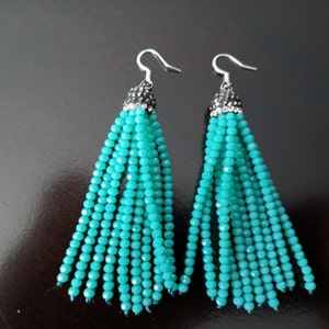 Long brilliant luster turquoise color beaded tassel earrings