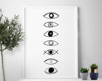 Minimalist eyes art print combo 7 eye set queer eye digital art pop surrealism line art bright eyes wall decor creepy doll eye printable