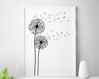 Black and white print dandelion print scandinavian minimalist decor abstract wall art nordic design dandelion wall art black dandelion