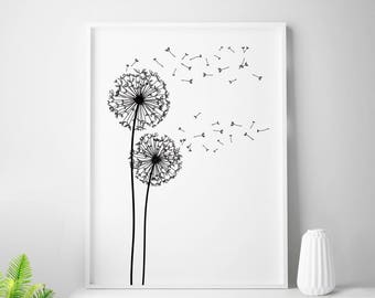 Black and white print dandelion print scandinavian minimalist decor abstract wall art nordic design dandelion wall art black dandelion