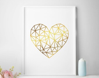 Scandi, modern print, geometric heart, polygonal heart, love decor, minimalist, modern poster, triangle print, geo print, gold prints