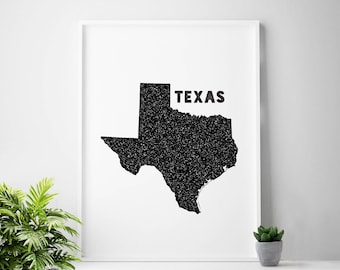 TEXAS home decor, Texas wall decor, Texas wall art, Texas state map, Texas state print, Texas map, Texas printable art, TX, state map art