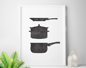 Kitchen art decor, kitchen art housewares, kitchen prints, kitchen decor, pots and pans, vintage letterpress style print