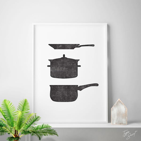 Kitchen art decor, kitchen art housewares, kitchen prints, kitchen decor, pots and pans, vintage letterpress style print