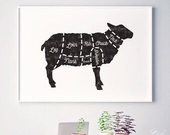 Butcher diagram, kitchen art, butcher print, meat charts for lamb, butchery chart, kitchen decor, cuts of meat, sheep cut, lamb cuts, meat