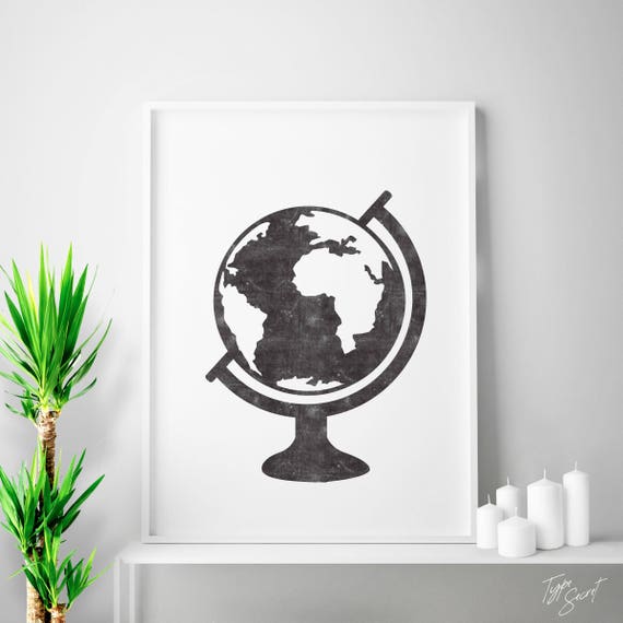 Globe, black and white, affiche, scandinavian print, nordic design, minimalist art, world map, world prints, scandi home, earth