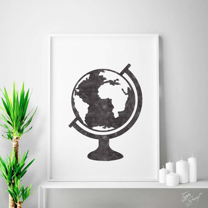 May include: Black and white illustration of a globe on a stand. The globe has a textured look and the continents are clearly visible.