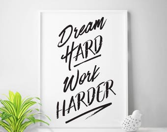 Cartel tipográfico "Dream Hard Work Harder" cita impresión cartel motivacional decoración motivacional impresión dormitorio decoración universidad