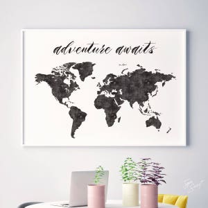 Het avontuur wacht, het avontuur wacht op kaart, avonturenkwekerij, reizen, kinderkamerinrichting, kaartafdrukken, avontuurlijke tijd, zwart-witte wereldkaartkunst