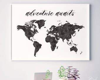 Adventure awaits, adventure awaits map, adventure nursery, travel, nursery decor, map prints, adventure time, black and white world map art