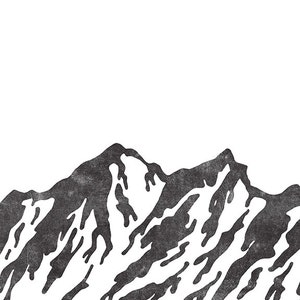 May include: A black and white illustration of a mountain range with a textured, rough appearance.