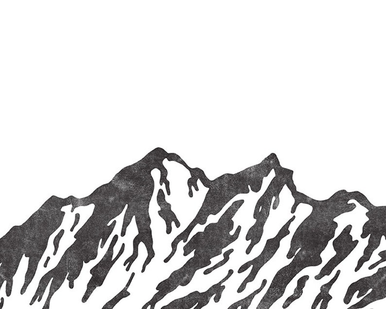 May include: A black and white illustration of a mountain range with a textured, rough appearance.