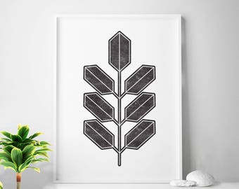 Black white affiche scandinave print, scandinavian design, nordic design, minimalist art, leaf, leaf print, leaf art, leaf printable art
