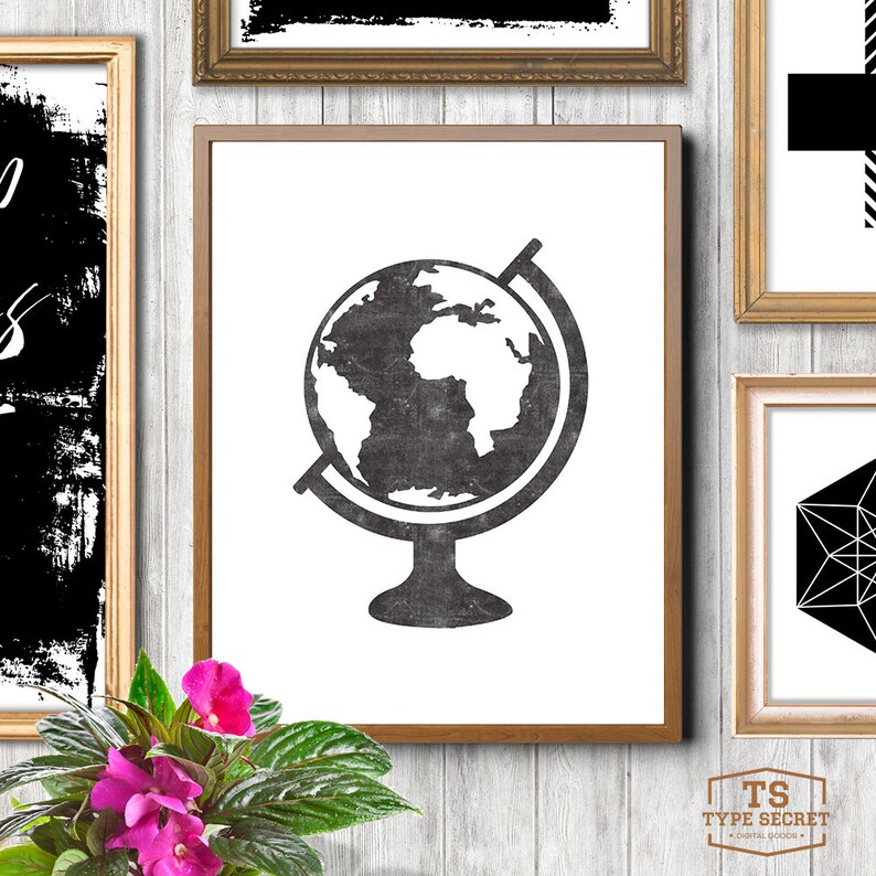 May include: A black and white printable art print featuring a vintage globe illustration. The globe is a simple silhouette with a textured look. The print is perfect for a minimalist or modern home decor style.