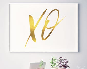 Gold art XO quote print wall art valentine decor wedding reception decor XOXO Hugs Kisses engagement decor horizontal print landscape frame