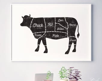 Cow, rustic kitchen art decor, kitchen printable, kitchen prints, kitchen decor, butcher chart, beef, meat cuts, butcher print, veal cut