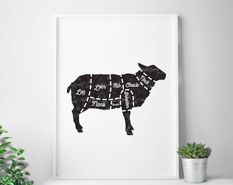 Cordero, cortes de carnicero, carne, estampados de carnicero, gráfico de carnicero, cocina escandinava, diagrama de carnicero, cortes de carne, cocina rústica, estampado de cordero