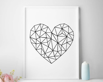 Minimalistischer Druck, Skandinavisch, moderner Druck, geometrisches Herz, polygonales Herz, Liebesdekor, minimalistische Wandkunst, modernes Poster, Dreiecksdruck