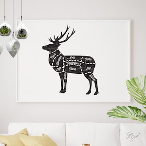 Kitchen diagram, rustic kitchen, farmhouse kitchen, venison, butcher cuts, deer, animal art, deer cuts, deer meat, butcher print, moose art