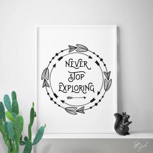 Può includere: Arte da parete stampabile in bianco e nero con un design circolare di frecce e il testo "Never Stop Exploring".