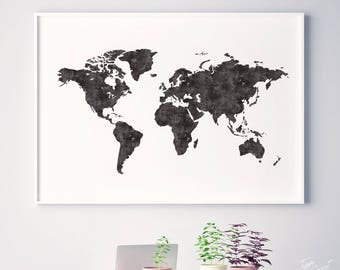 Affiche design, worldmap, black and white world map, world printable map, minimalist world map, world travel map art, large world map art