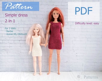 PATTERN: Simple Dress for Barb, Azone XS, Obitsu 22 dolls - crochet pattern in PDF