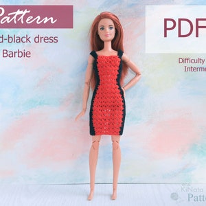 May include: A crochet pattern for a red and black dress for a Barbie doll. The pattern is available as a PDF download and is labeled as intermediate difficulty.