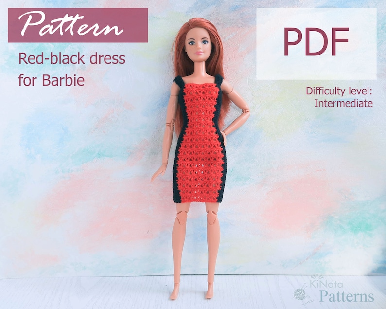 May include: A crochet pattern for a red and black dress for a Barbie doll. The pattern is available as a PDF download and is labeled as intermediate difficulty.